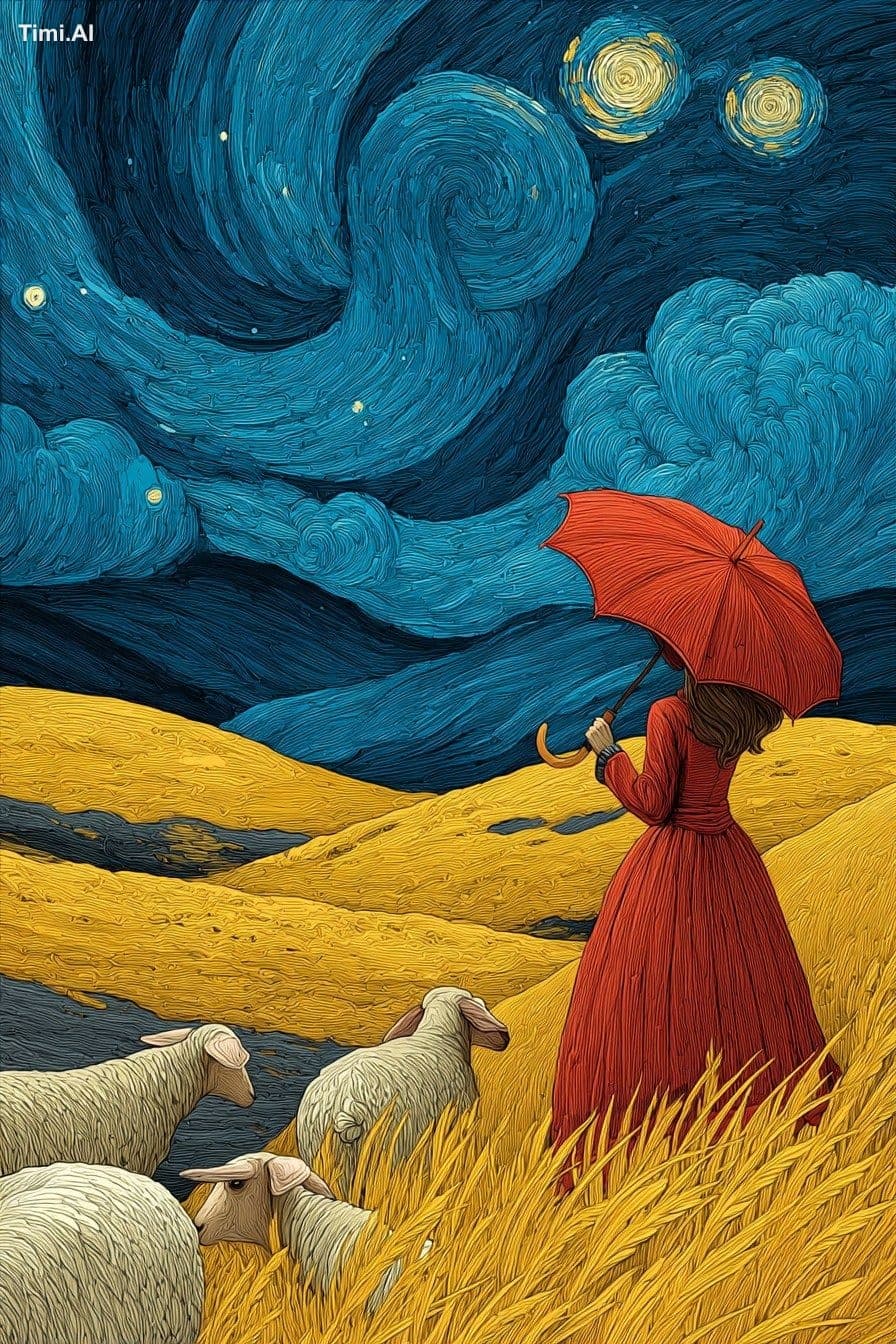 A girl in a red dress holding an umbrella stands next to she