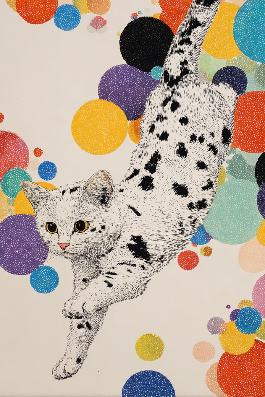 a white cat with black spots is jumping on the ground, surro