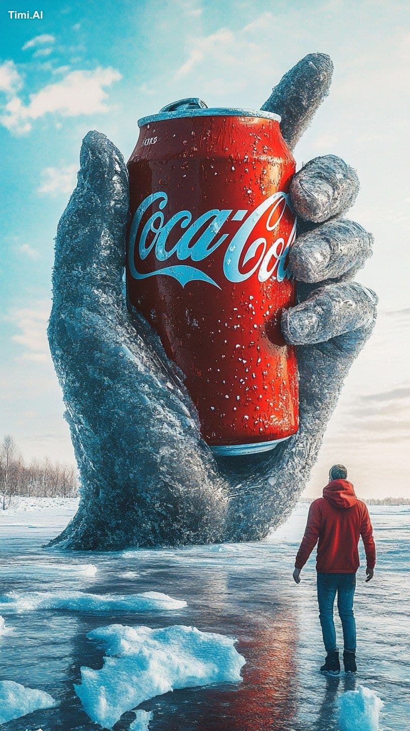 man looking at a giant gigantic frozen hand coming out of fr