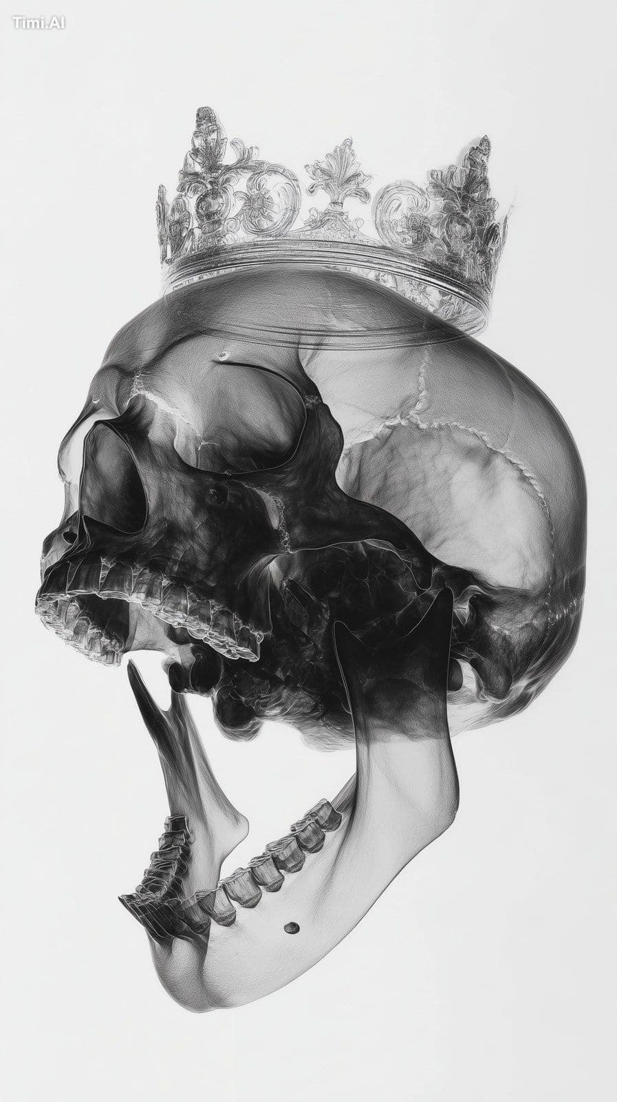 Detailed skull with a crown on it's head and it's mouth open