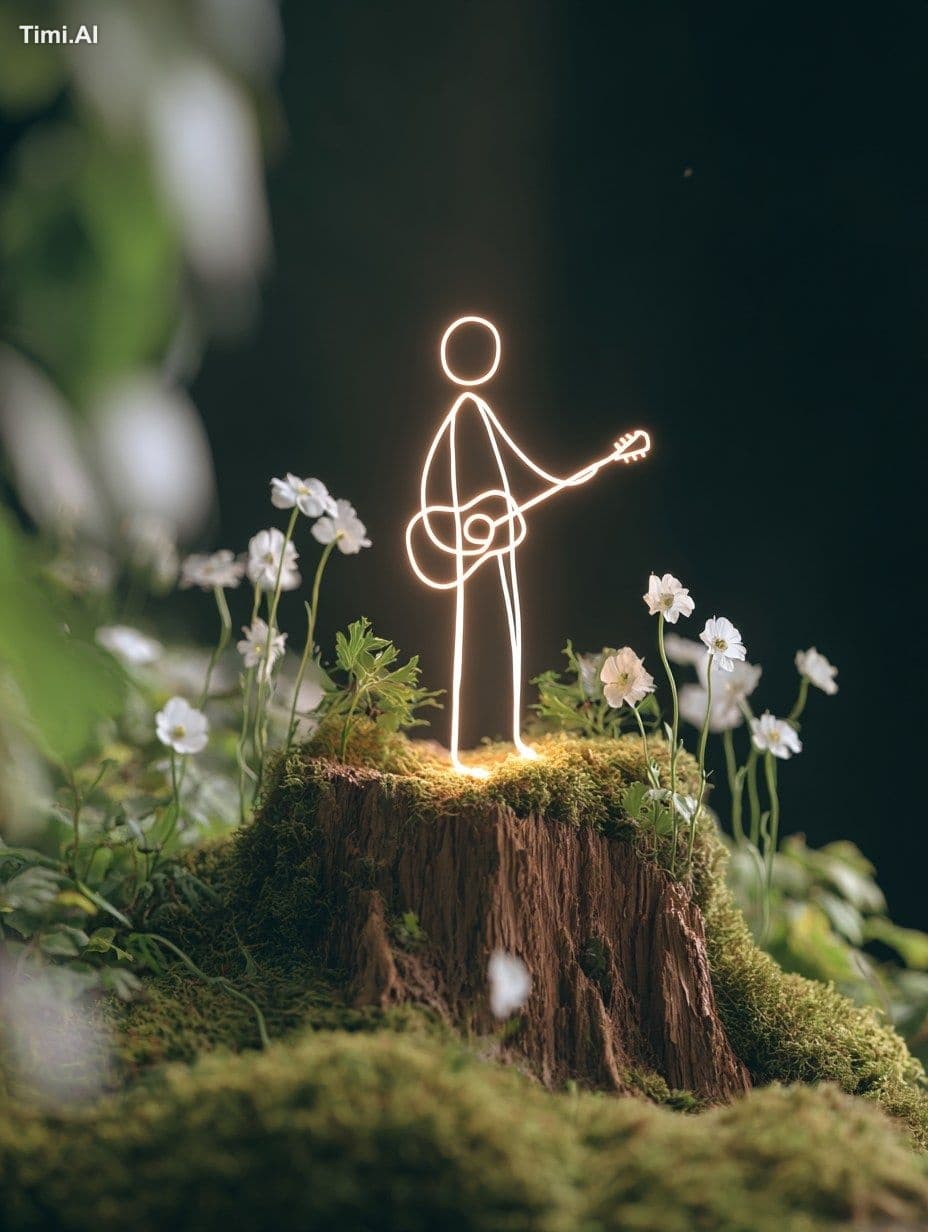 A boy is playing gitar standing on a moss-covered tree stump