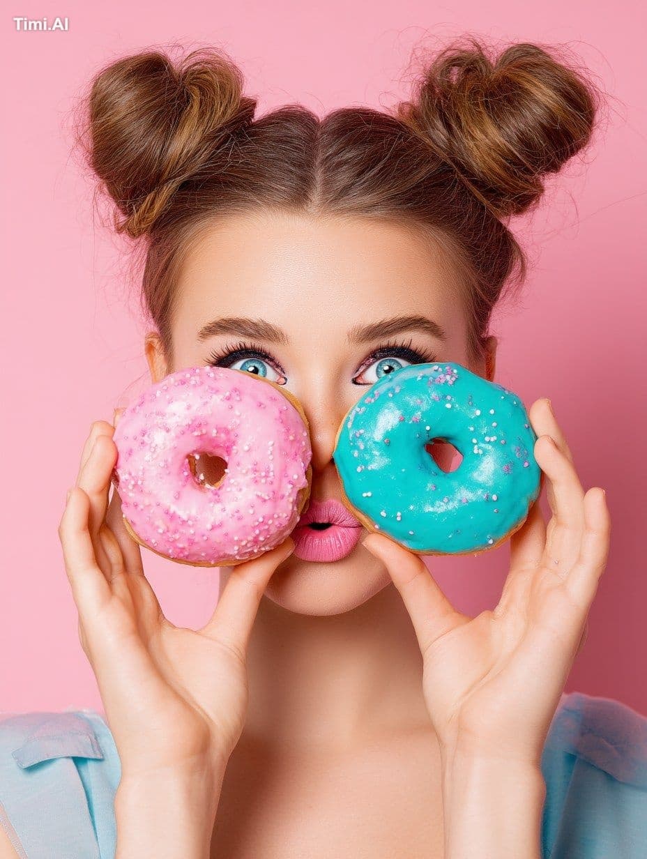 Photo of a woman holding two giant doughnuts in front of her
