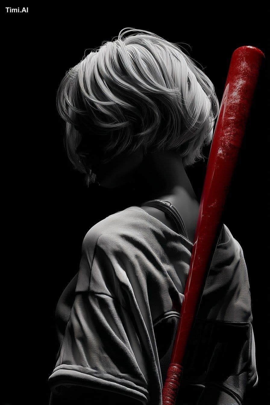 white short hair woman with red baseball bat over shoulders,