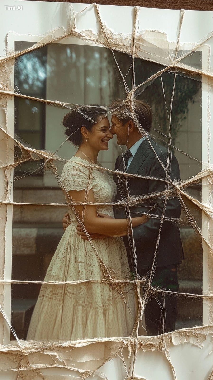 A photograph of a happy couple torn into several pieces and 
