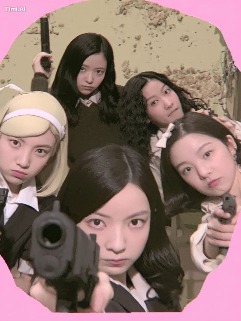 https://s.mj.run/KdWd7rdBfkE 5 girls holding gun --ar 3:4 --