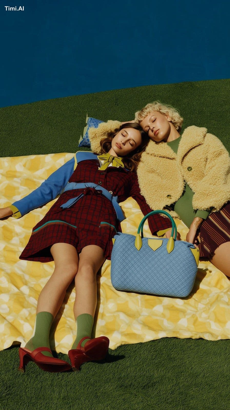 a full-body photo of two female models laying on an open pic