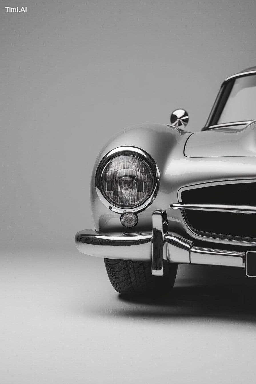 Photorealistic, wide-angle shot of a grey, silver Mercedes-B