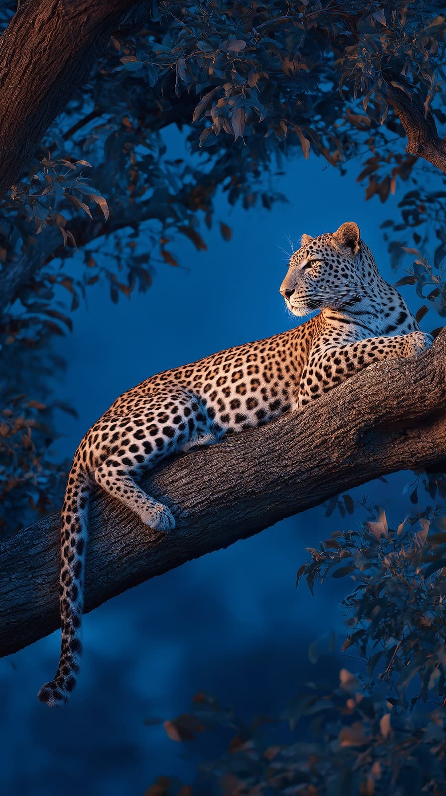 A majestic leopard resting on a thick horizontal tree branch