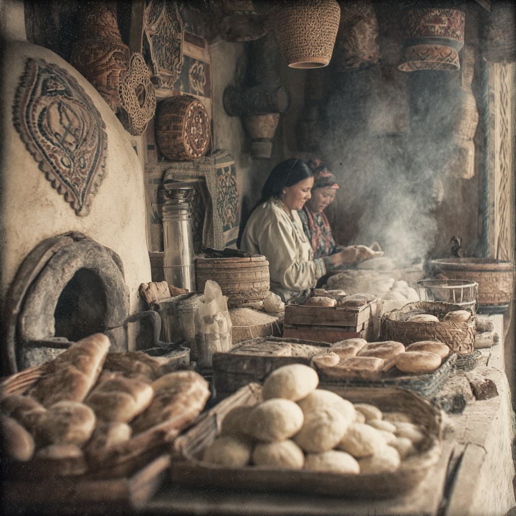 Vintage Kazakh bakery interior in old film style, warm and c