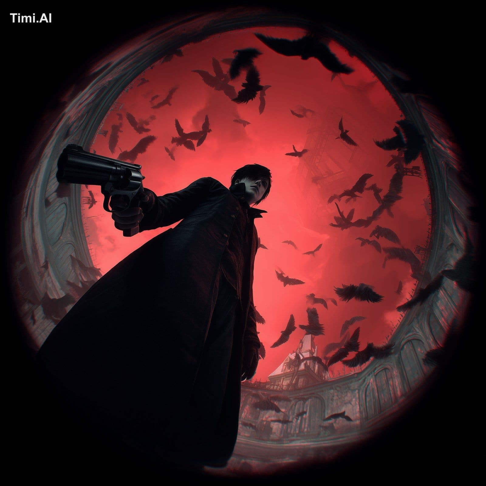 Fisheye low-angle view of a young man with a handgun looking