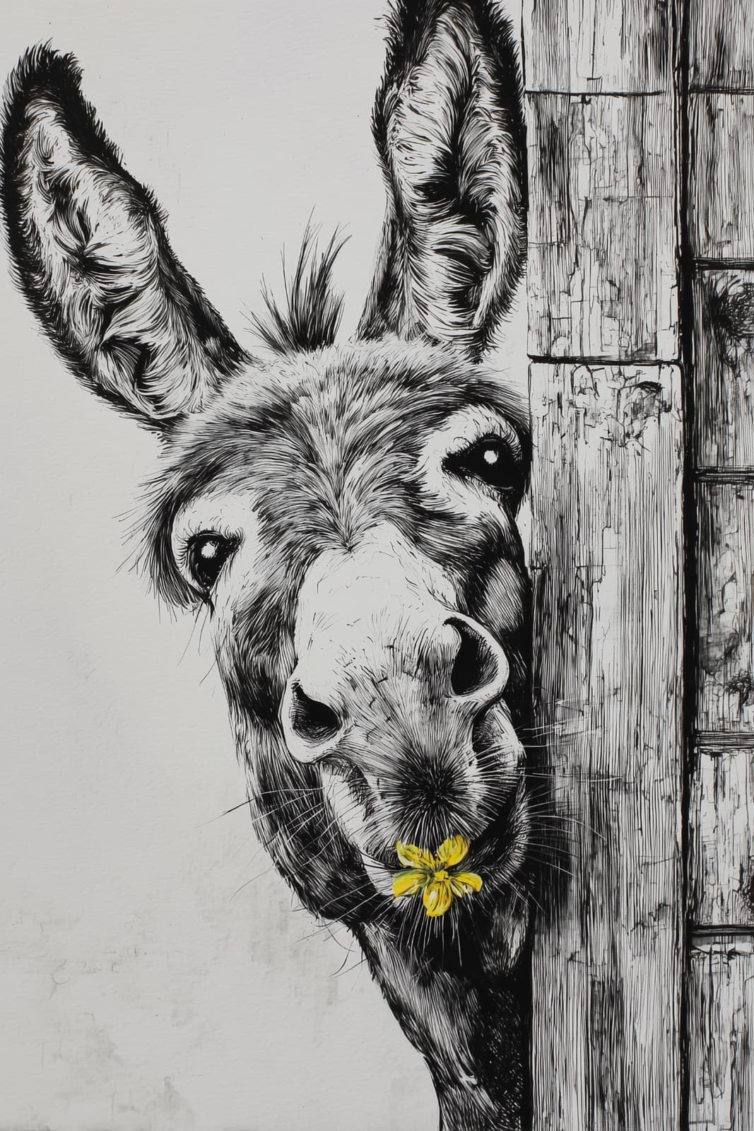 The design features a black and white sketch of a donkey wit