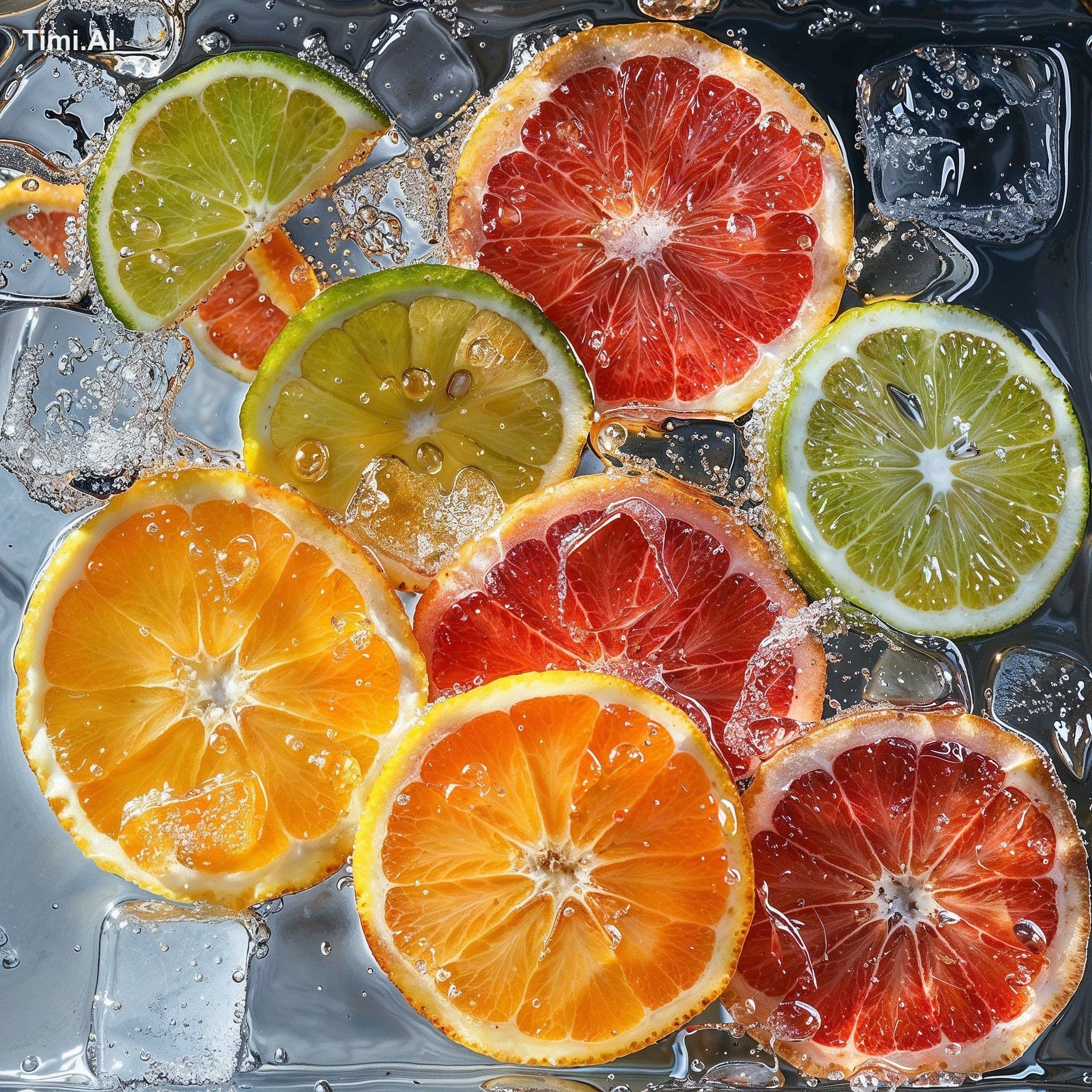 Slices of ripe orange, lime, lemon, and grapefruit, are imme