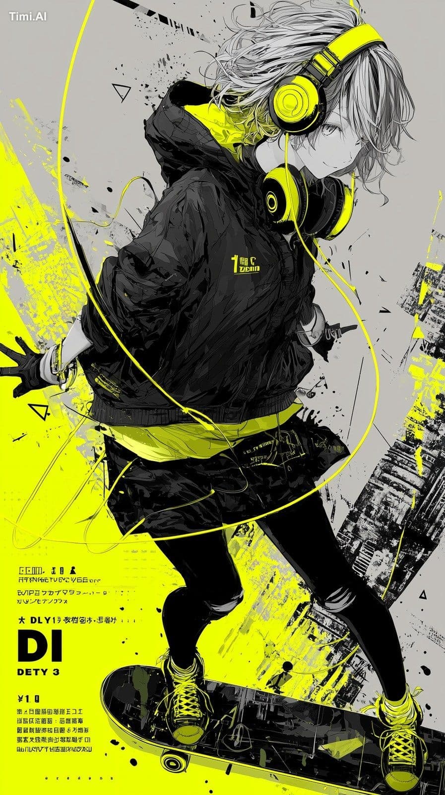 background: type: "グラフィティ風抽象背景（音波やスピーカーのアイコン風落書き）" person: d