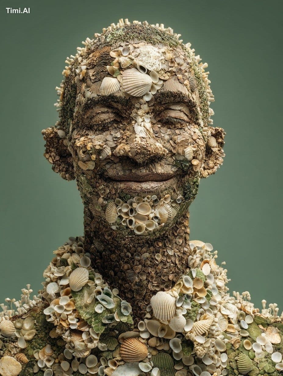 a man made of nature and Oyster shells, front face, smile, g