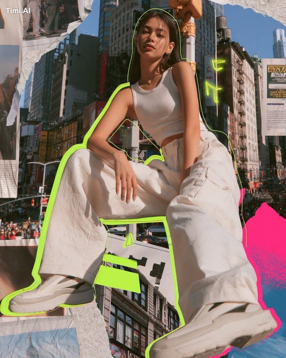 Photorealistic mixed media fashion collage of a cool young w