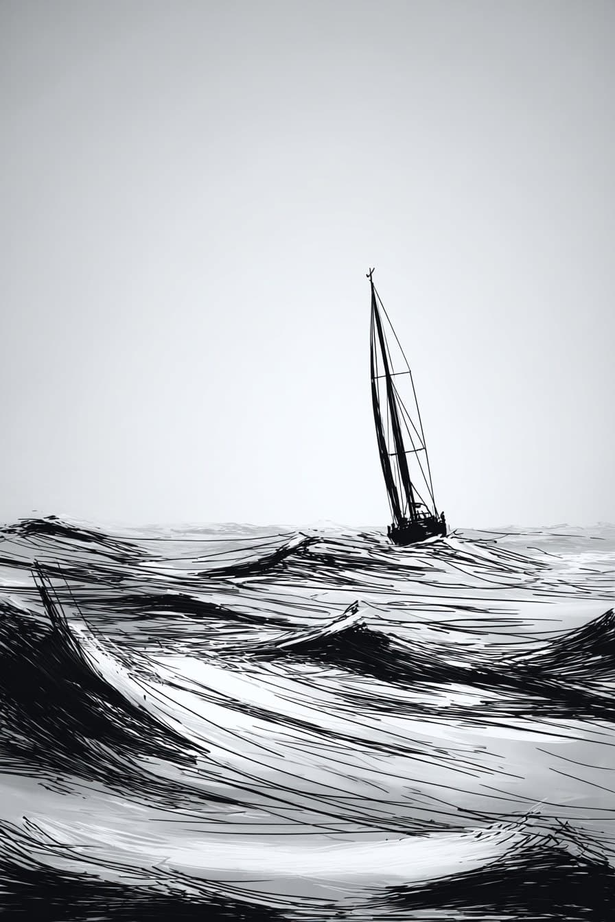 A sailboat on high seas --ar 2:3 --raw --sref 2155178659 --p