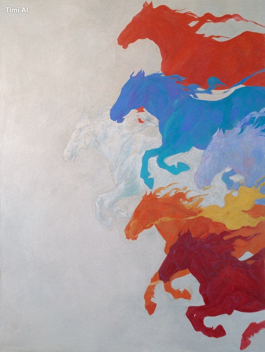 A minimalist Fauvist painting of Tibetan Wind Horses bursts