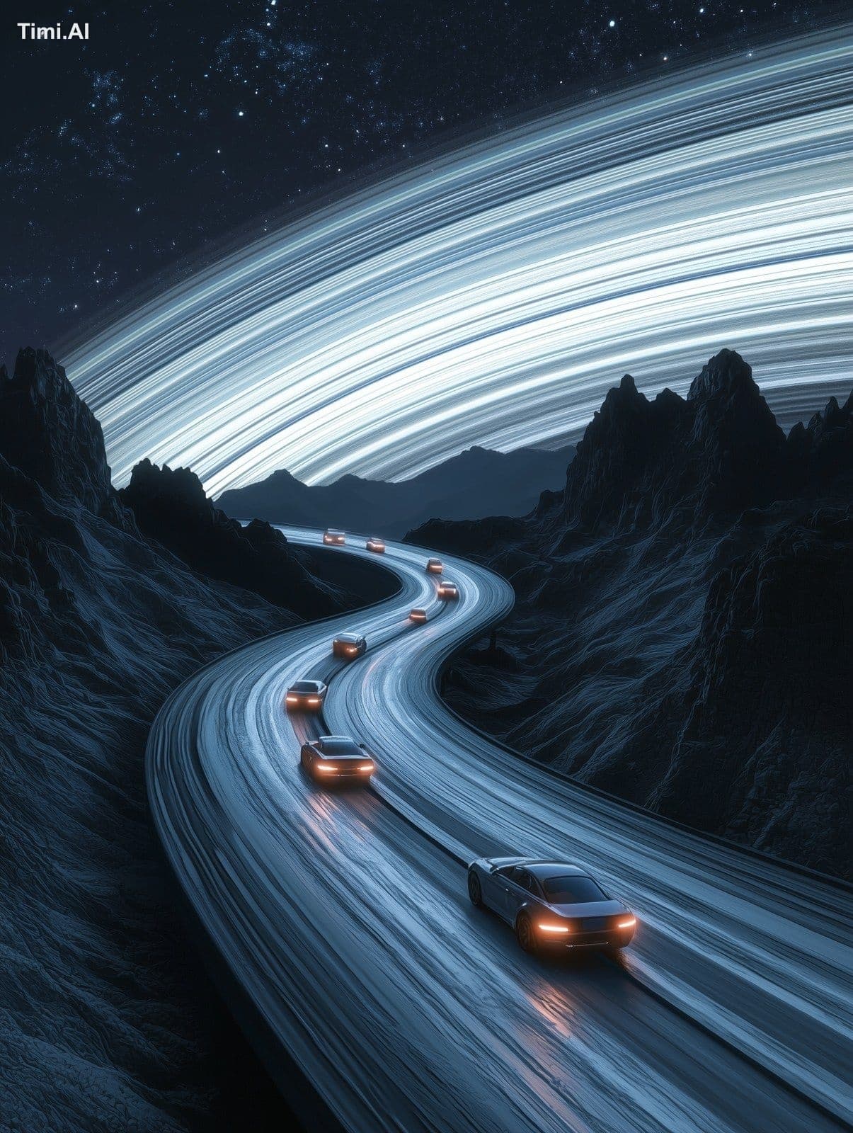 cars driving on the rings of Saturn --ar 3:4 --quality 2 --v