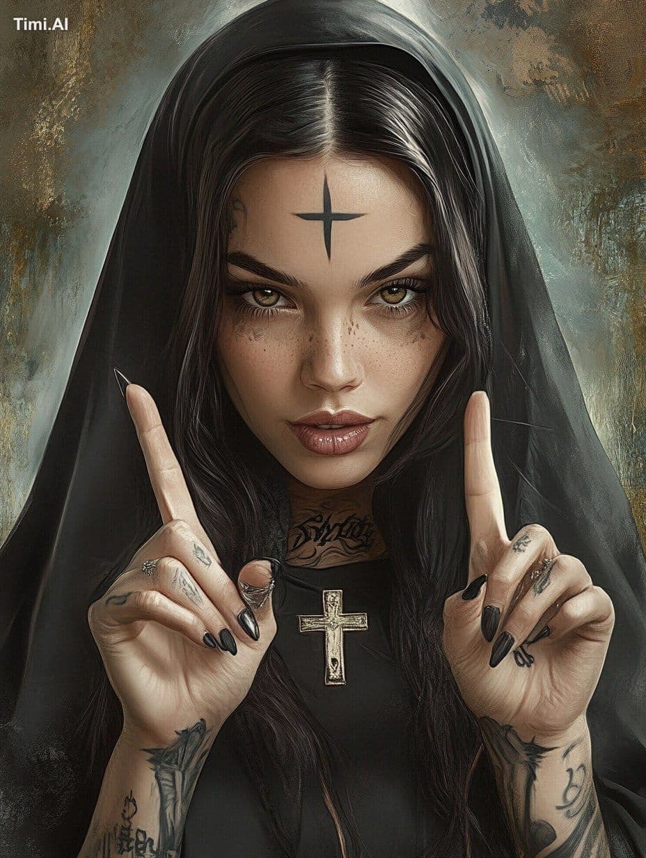 A beautiful tattooed nun with dark hair and a cross on her f