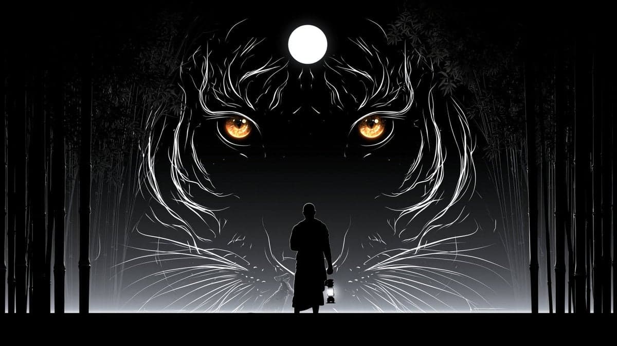 ancient tiger spirit emerging from bamboo forest mist, glowi