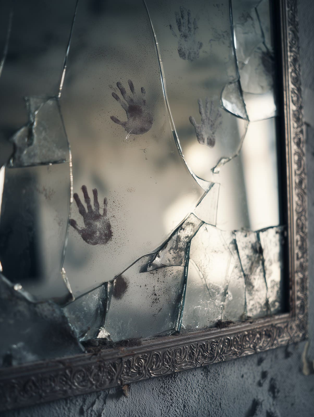 Broken wall mirror with fragmented reflections of empty room