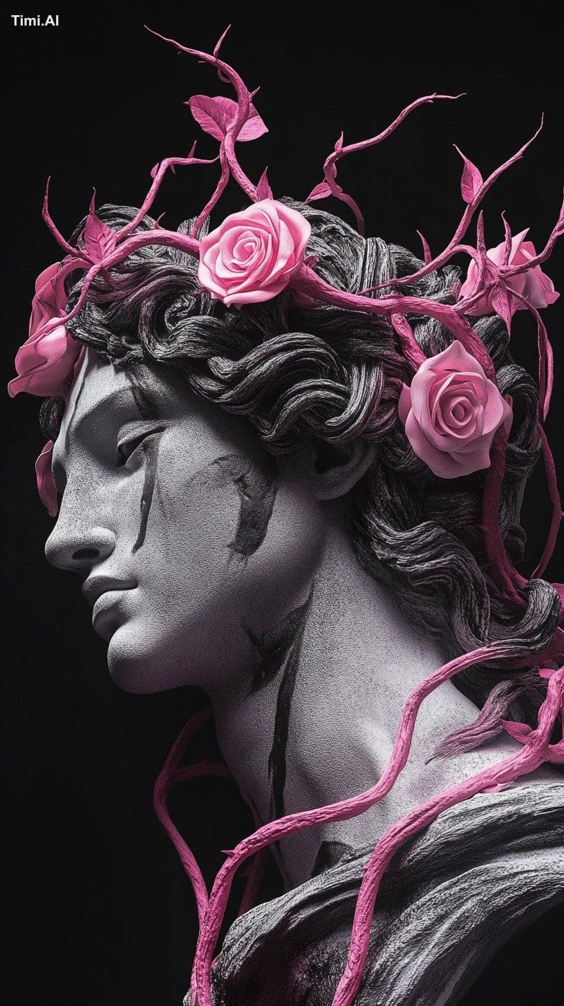 A black, white and pink neon, profile portrait of statue Med