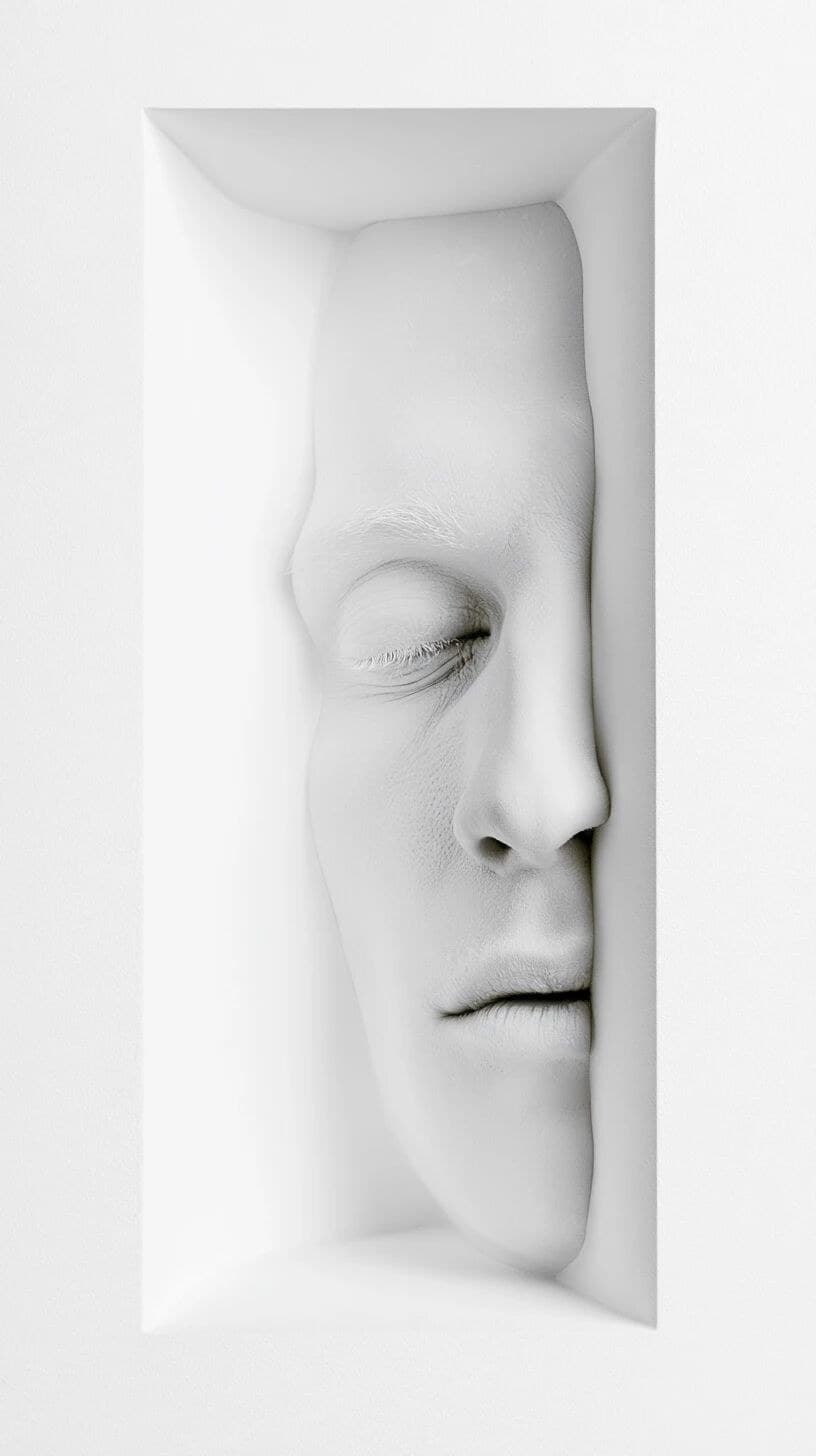 close up photo face deep inside a rectangle over white backg