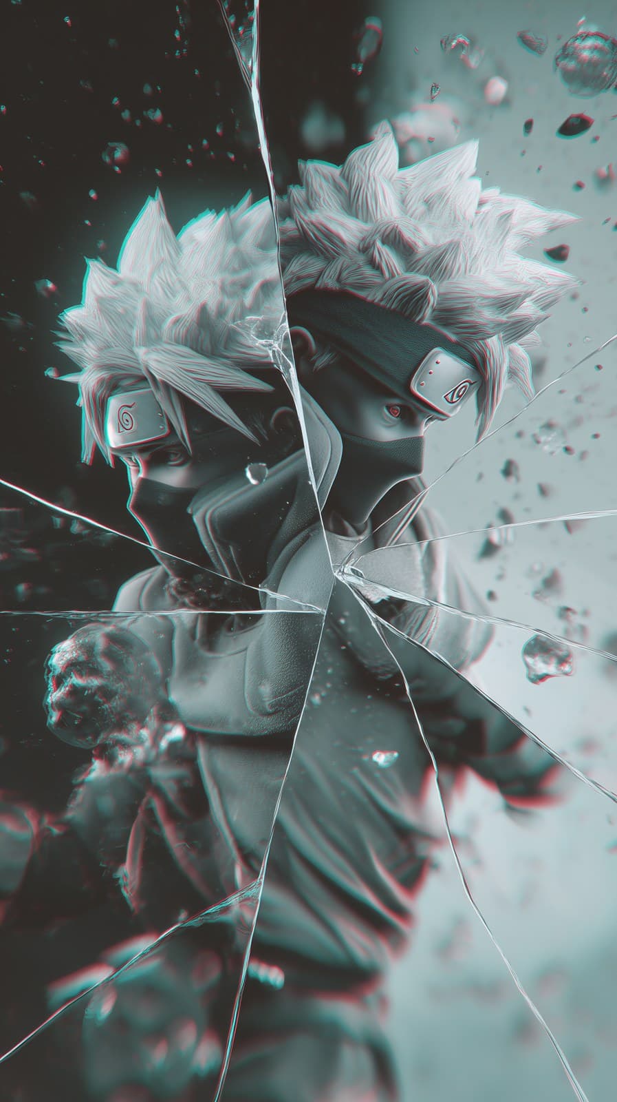A 3D render of Kakashi and Obito mid-Kamui phase-in, each on