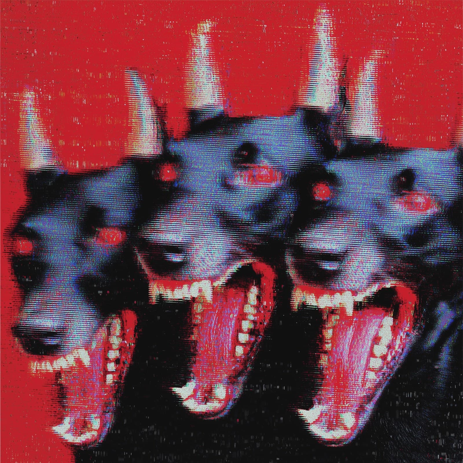 three headed cerberus dog with demon horns, bloody teeths, f
