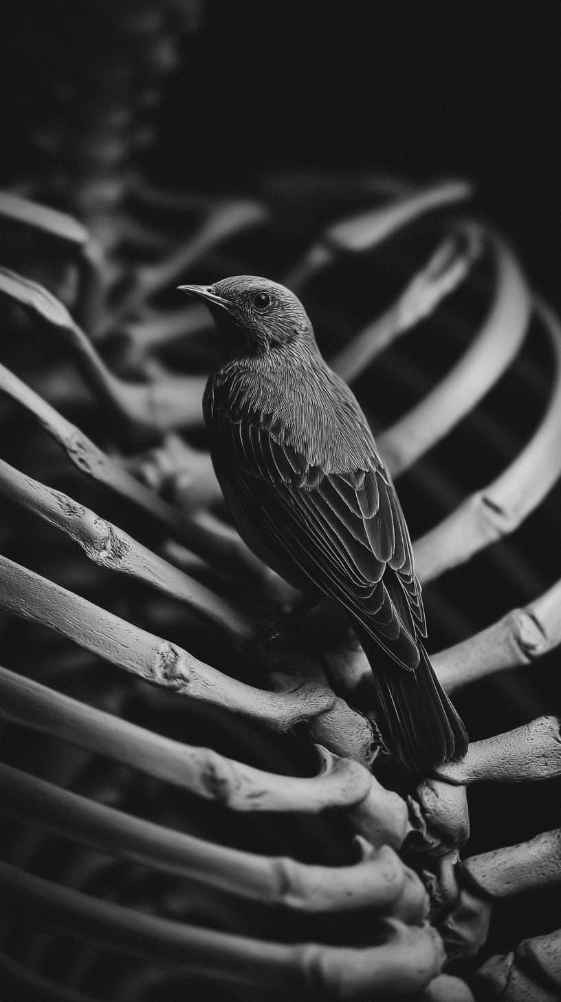 close-up of a bird sitting on the interior bones of its ribc