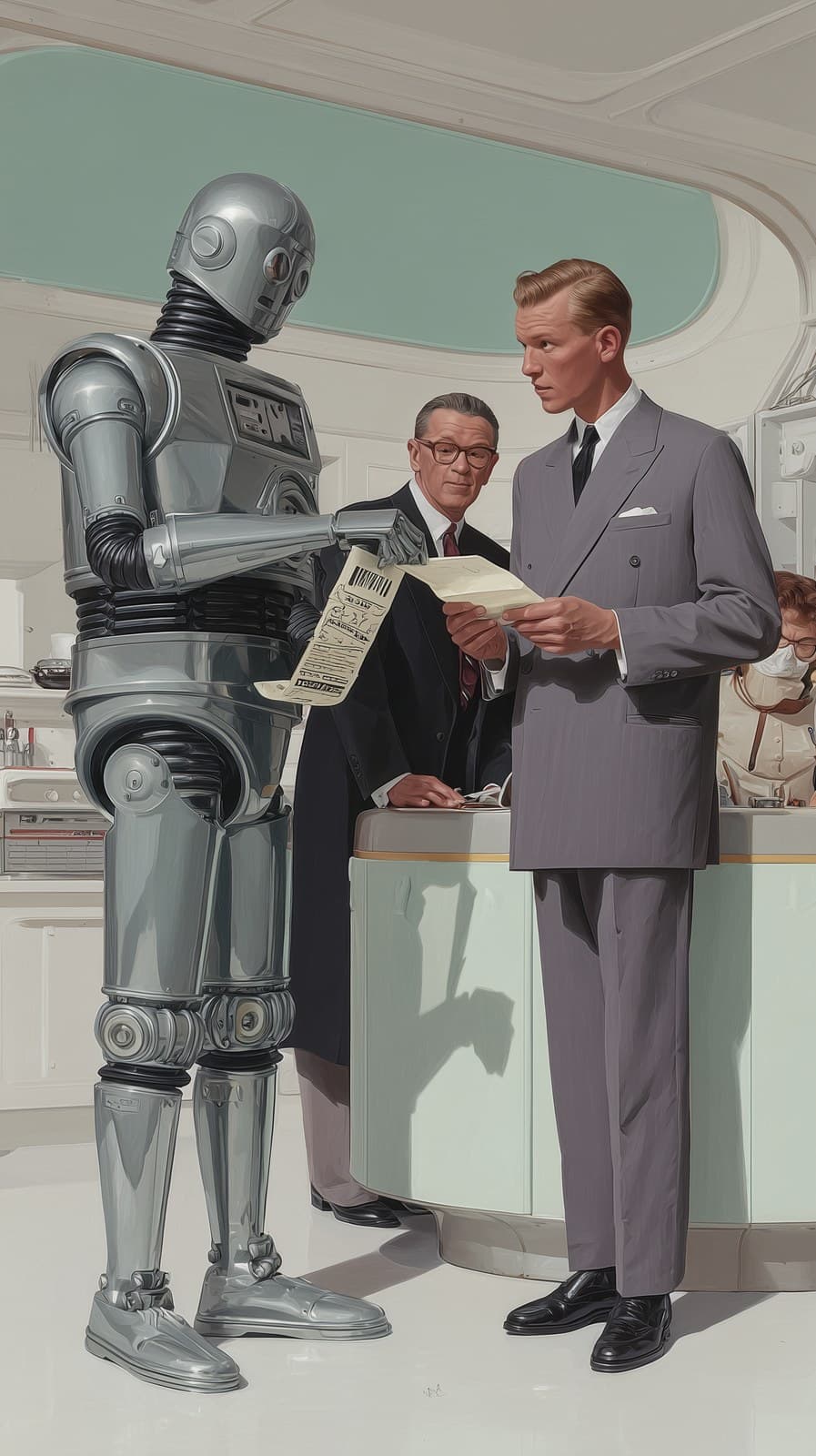 Photorealistic 1960s retro-futuristic finance lab scene a hu