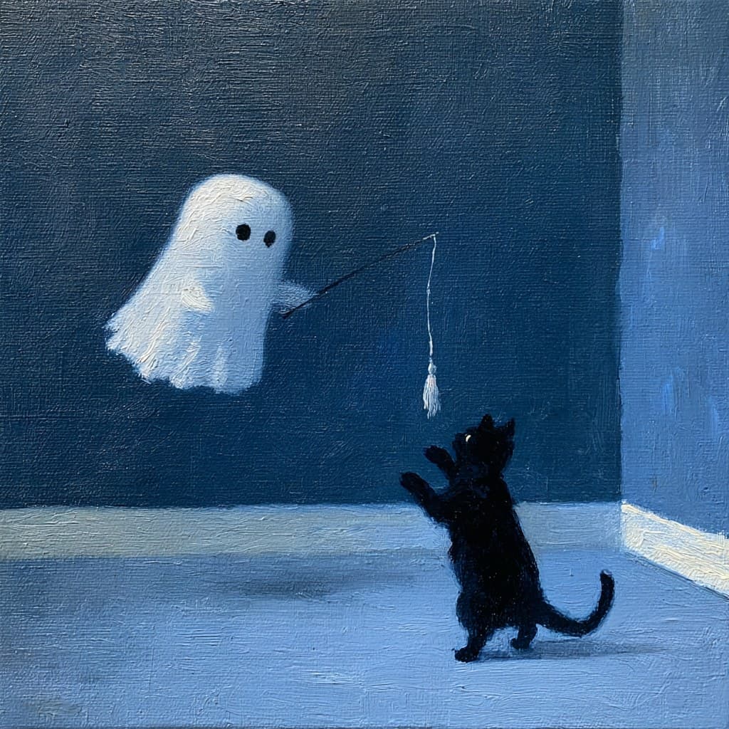 this oil painting features a simple white ghost with black e
