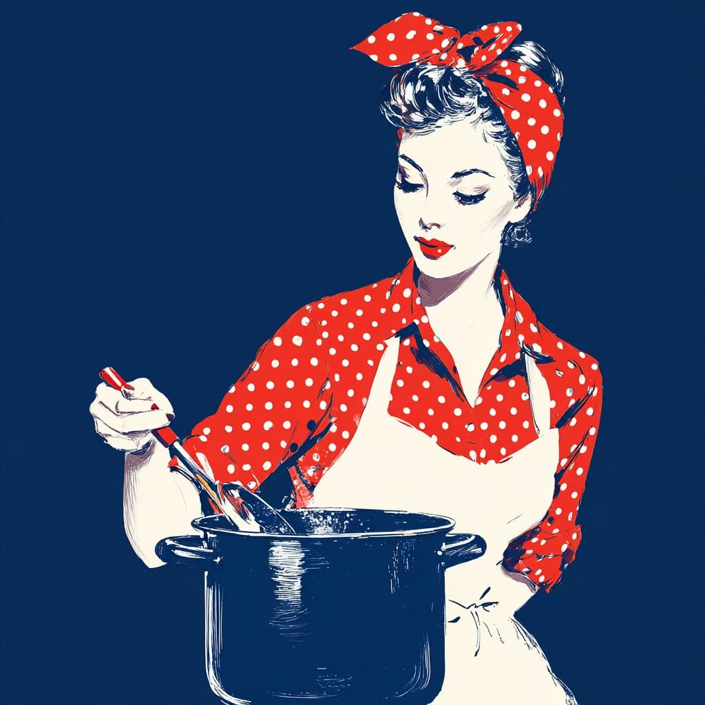 A vintage-style illustration of a woman in a red polka dot d