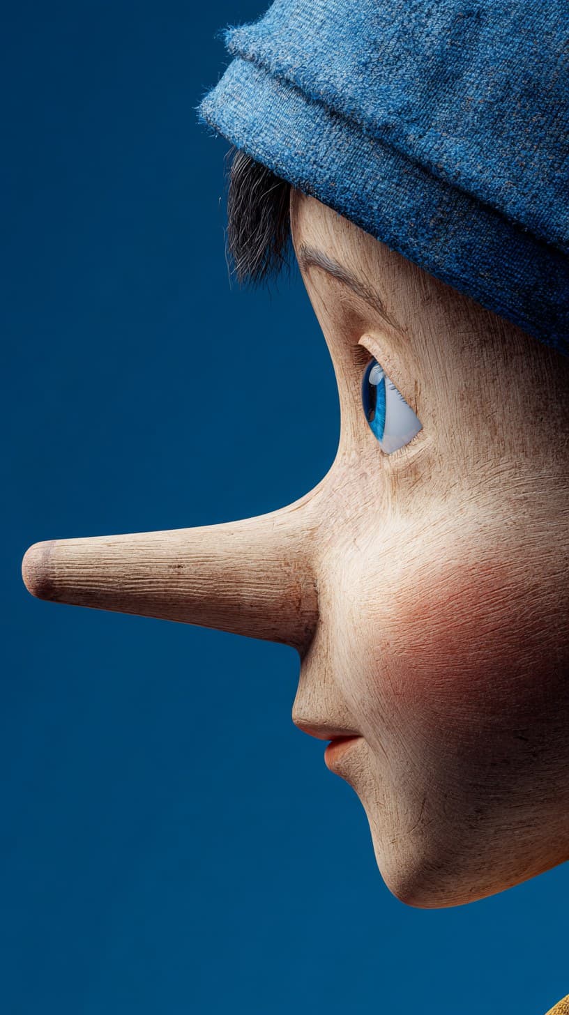 3D pinocchio side view with a growing nose, super realistic.