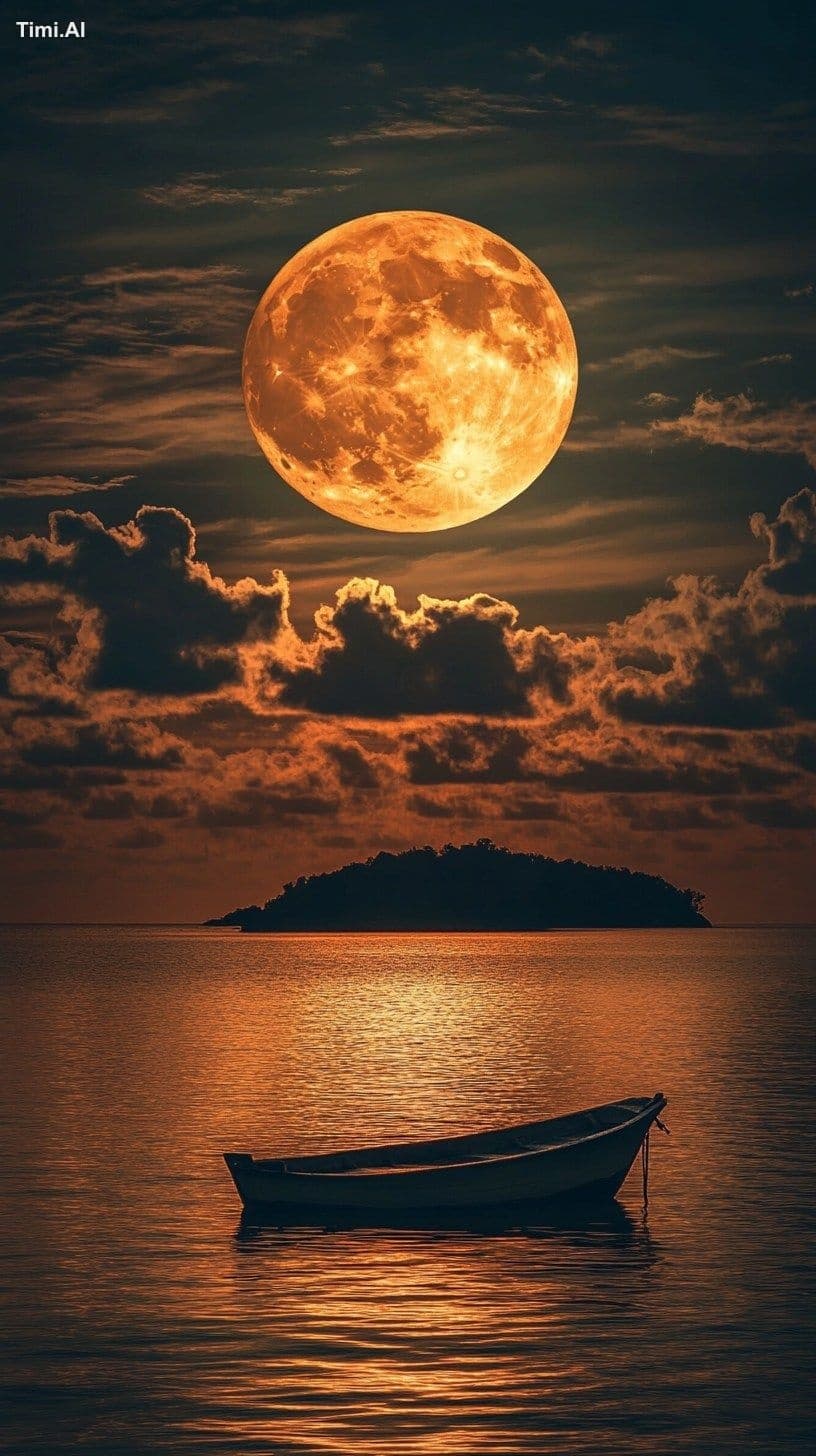 A round goose yellow moon shines on the small boat on the se