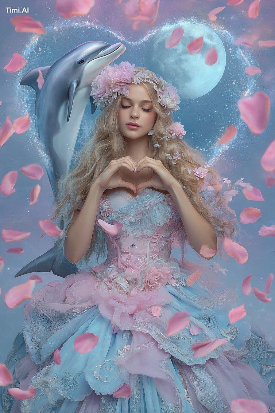 A fantasy princess in a dreamy pastel pink and baby blue gow