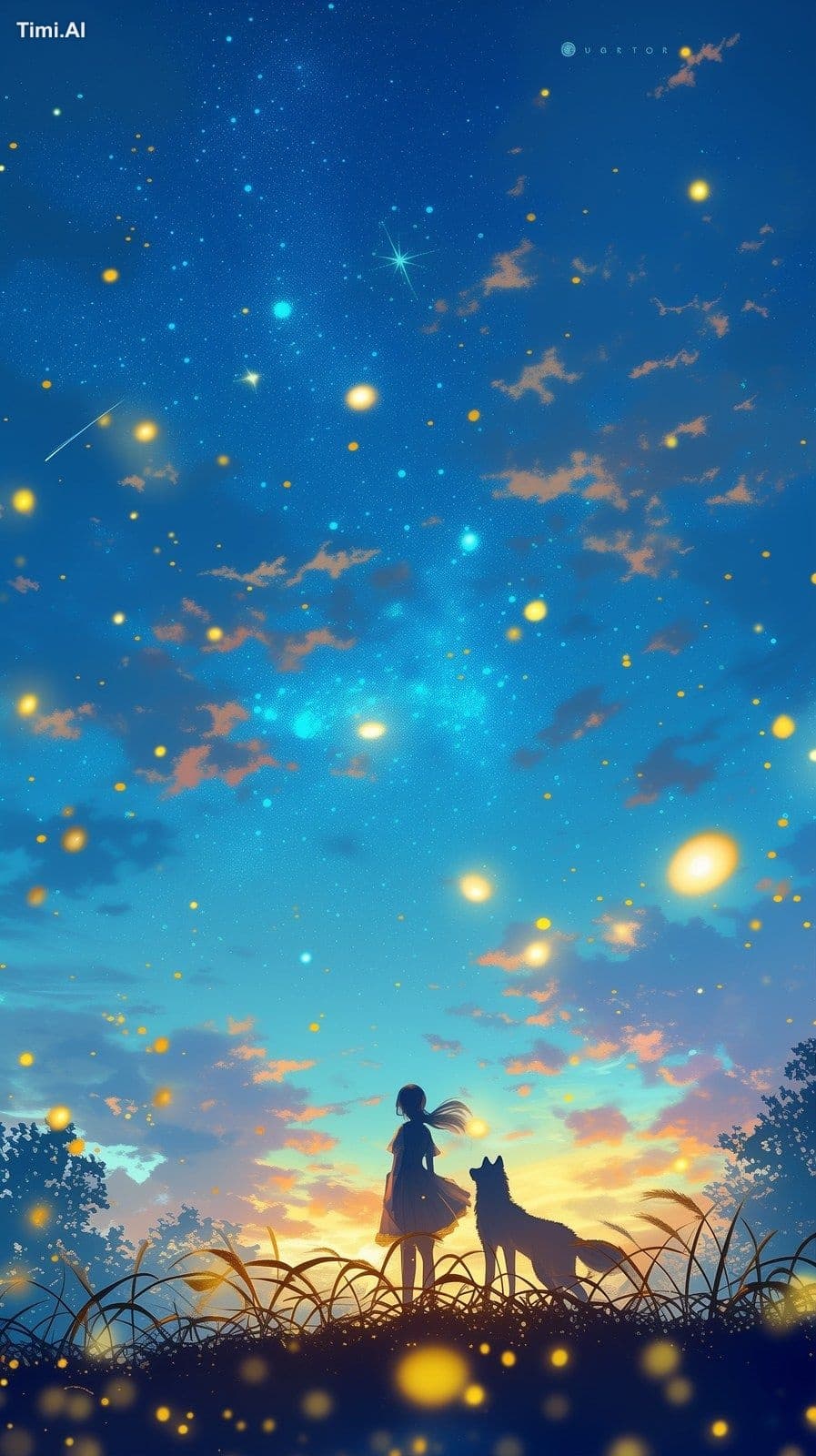 anime, night sky with stars and clouds, moon and wolf, glowi