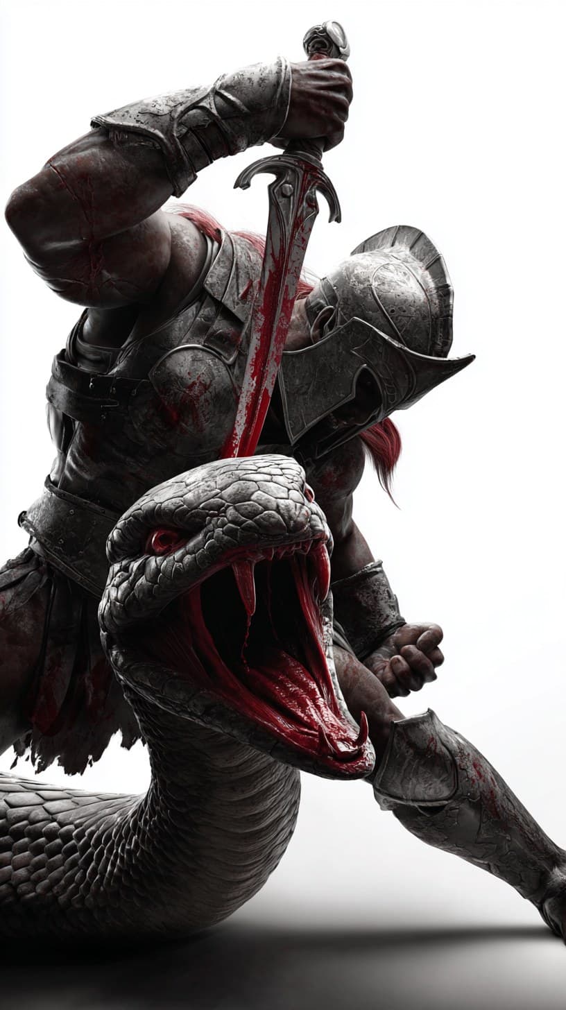 Full body Spartan warrior in a dynamic combat pose, one hand