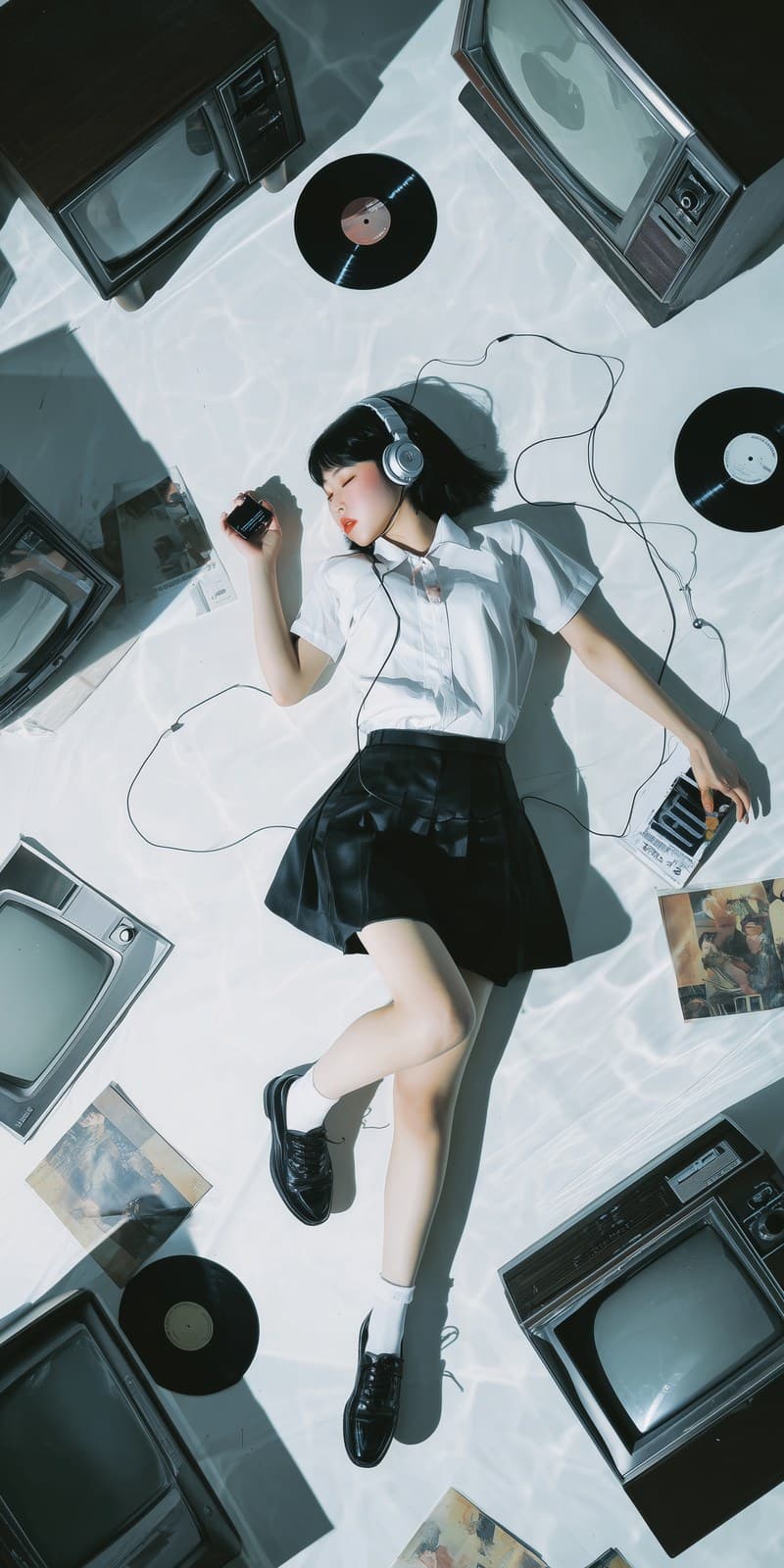A top-down perspective of a short-haired Japanese high schoo