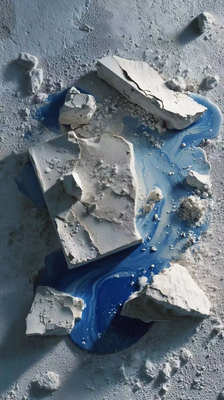 Broken white plaster slabs and concrete fragments scattered