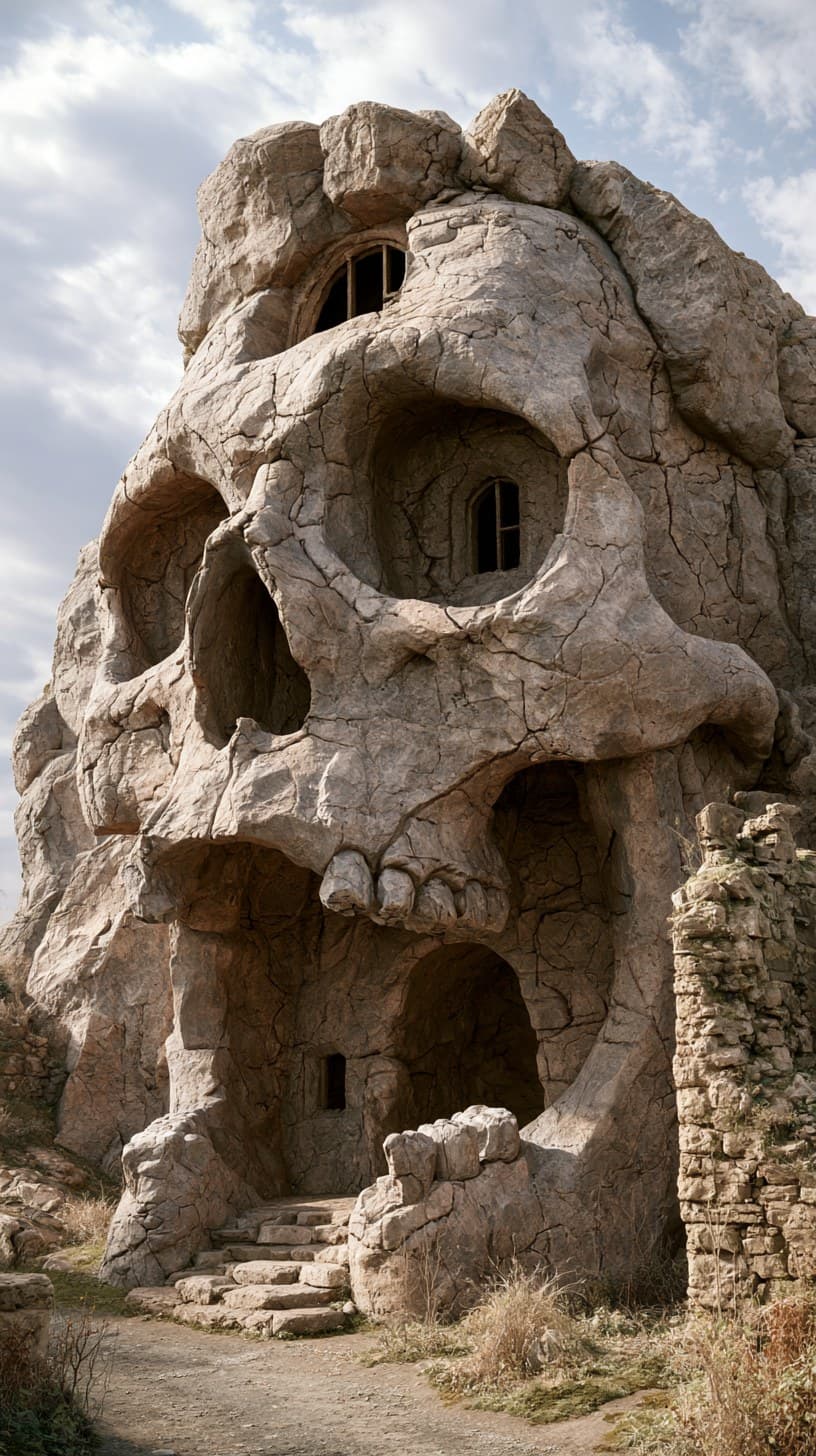Ultra-realistic ancient stone skull house built from rough w