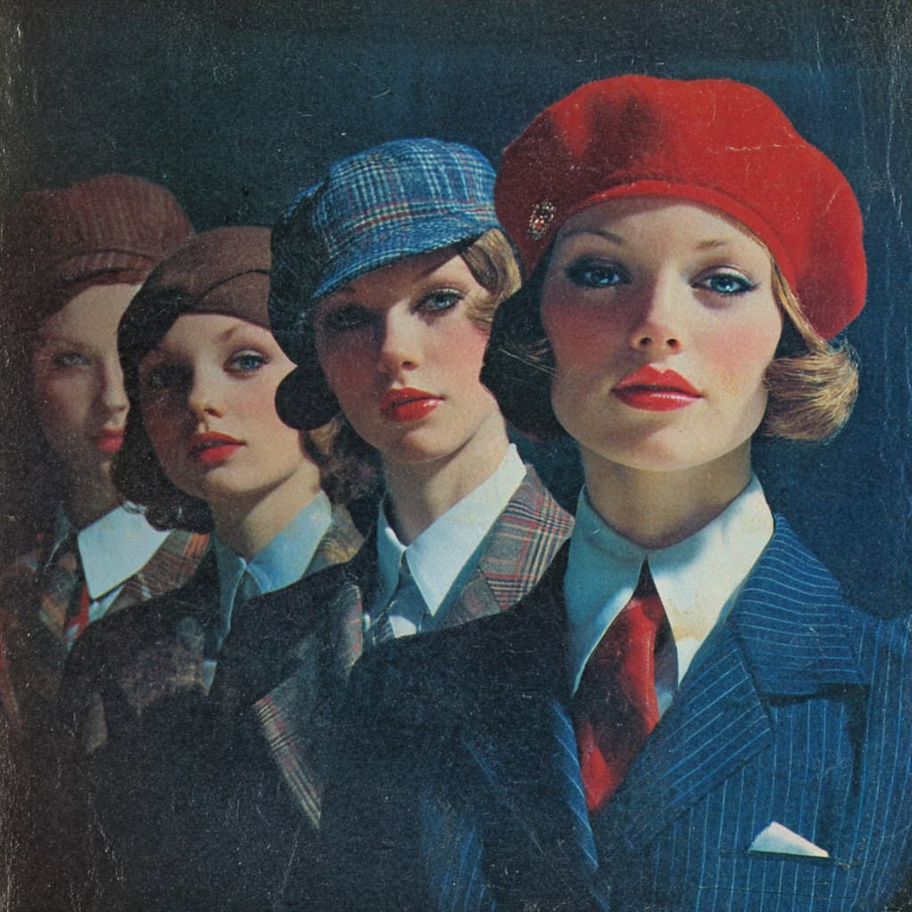 a vintage fashion advertisement from the 1970s showcasing wo