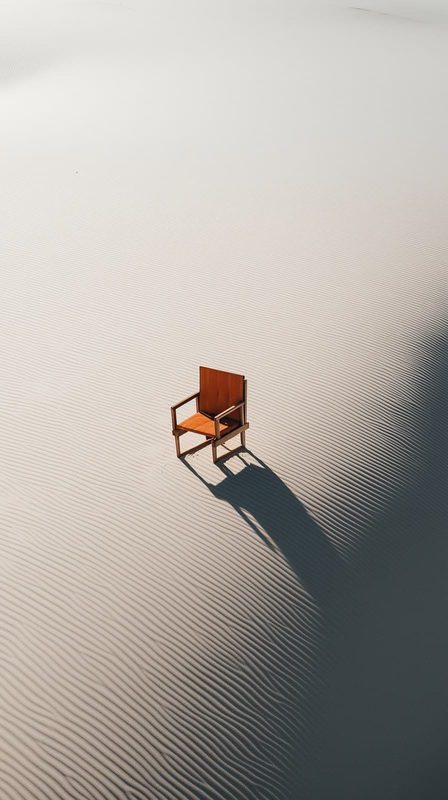 a chair in the middle of an empty desert in an aerial shot -