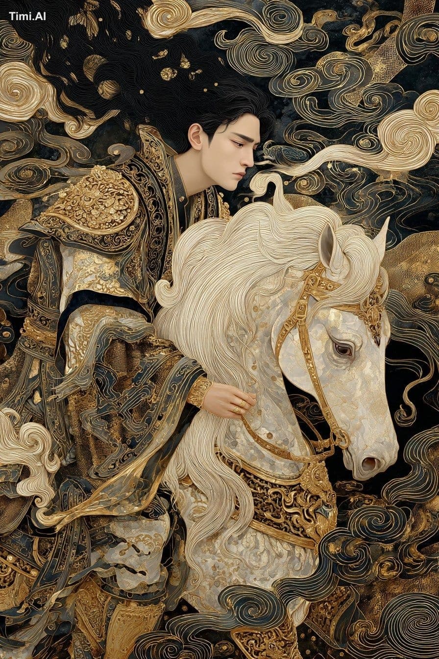 An ancient Chinese man rides on the back of a white horse, s