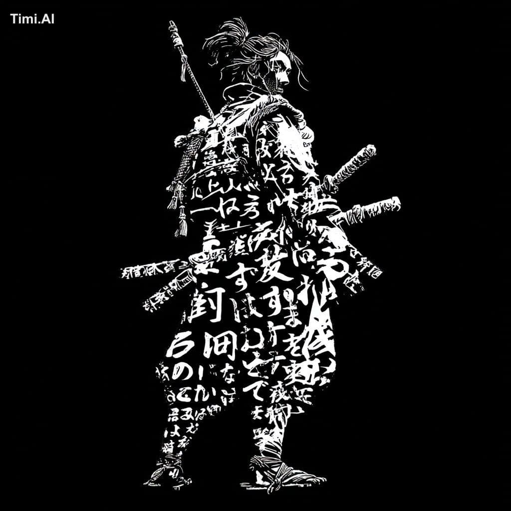 a tech samurai, full body, bold, japanese style writing, bla