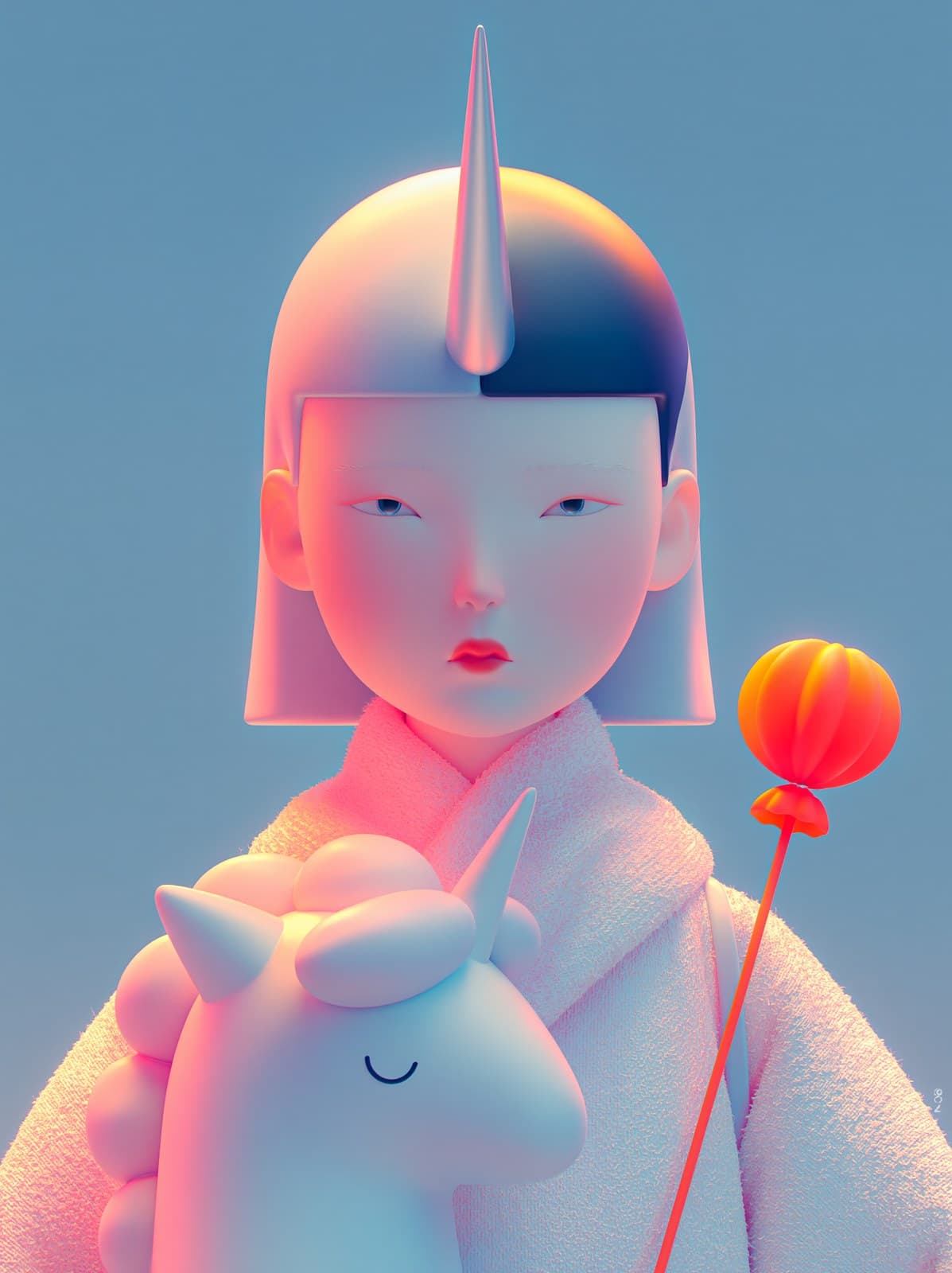 A cute chinese fashion girl with a silver unicorn horn growi