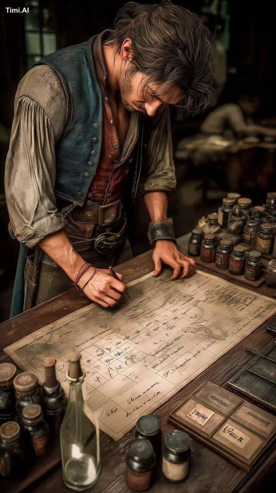 Cinematic shot of a Rothschild courier preparing a message i