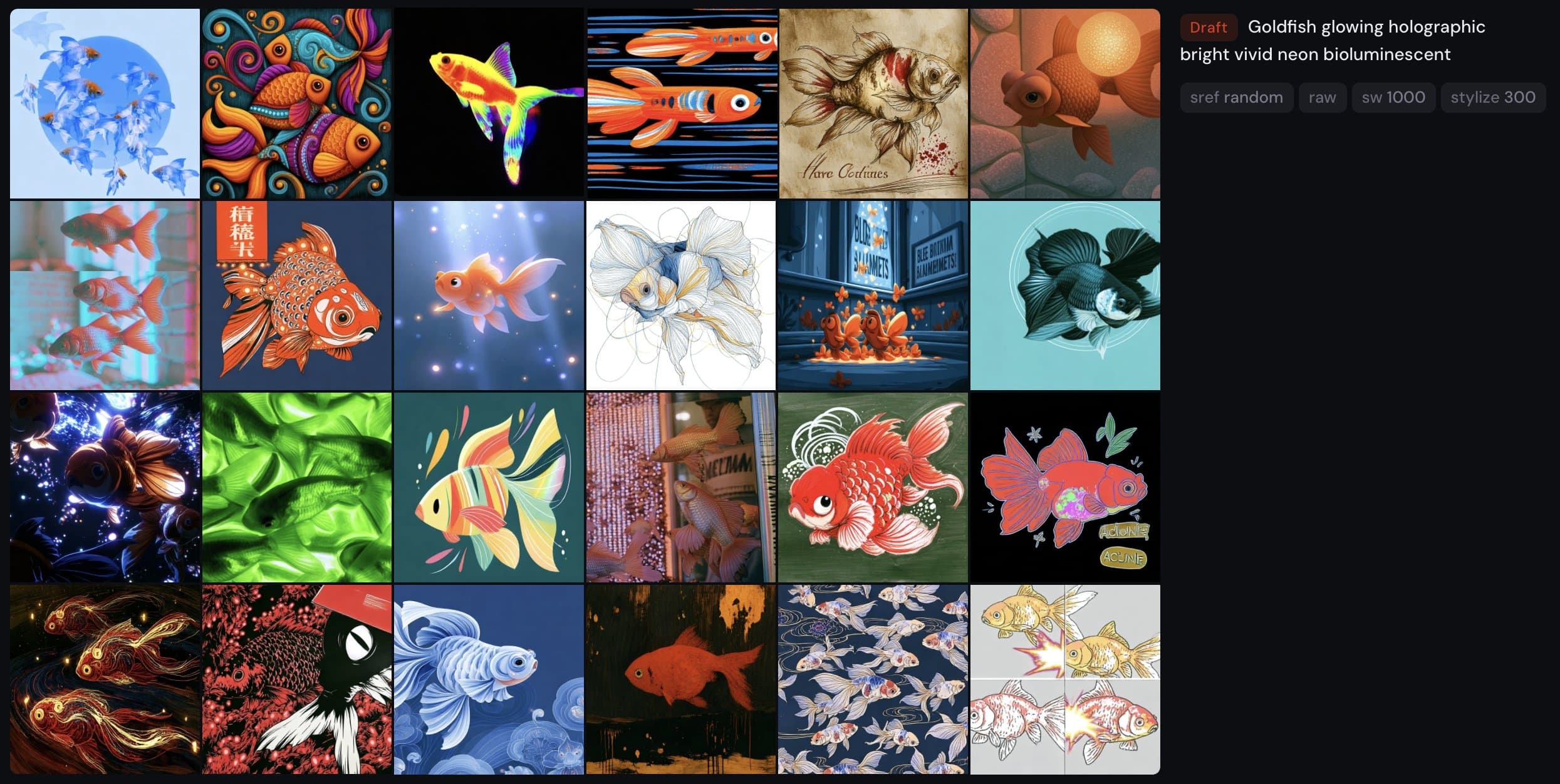 3. See my prompt example below

Goldfish glowing holographic