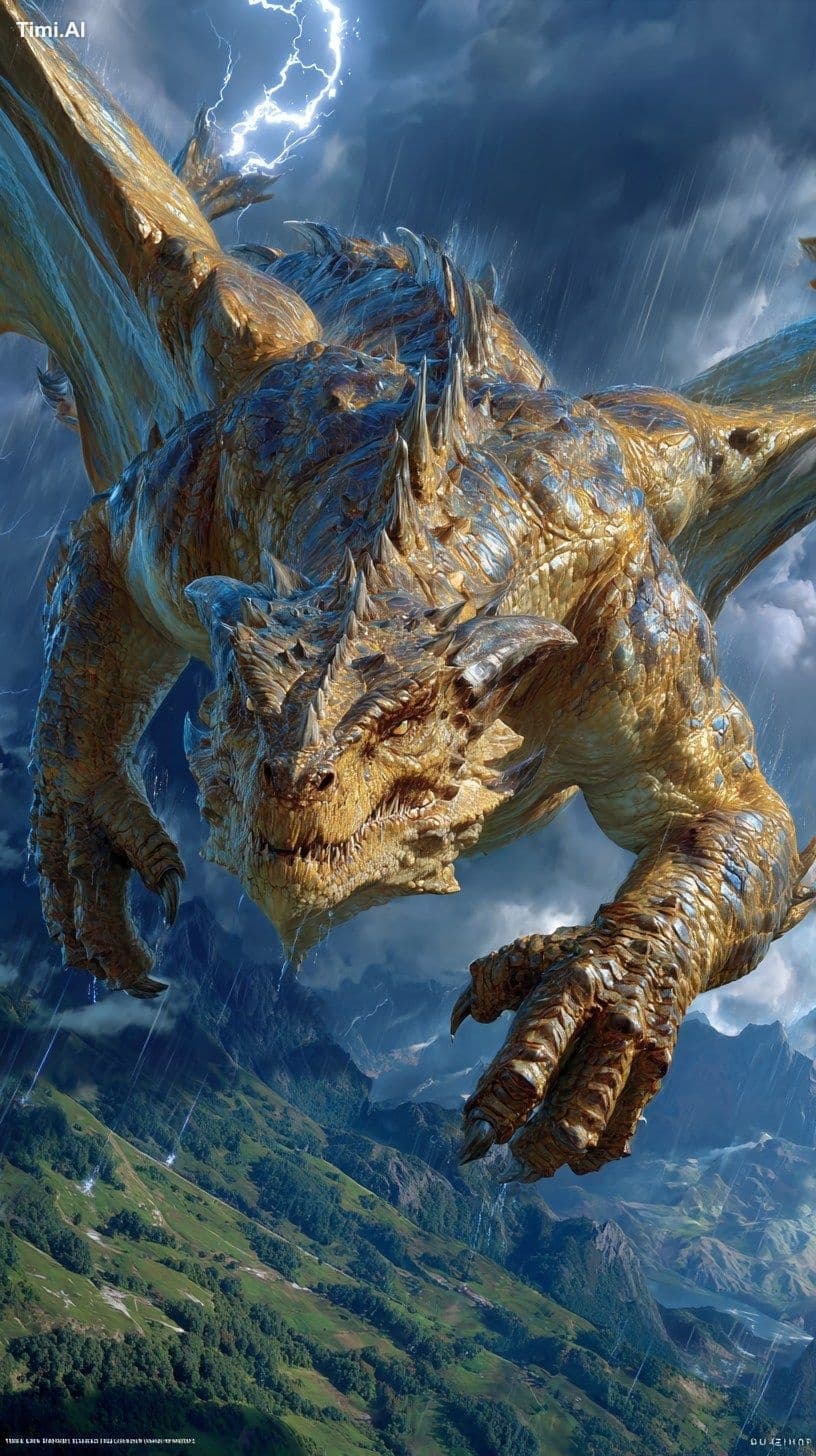 Yinglong dragon flying above a stormy mountain range, wings