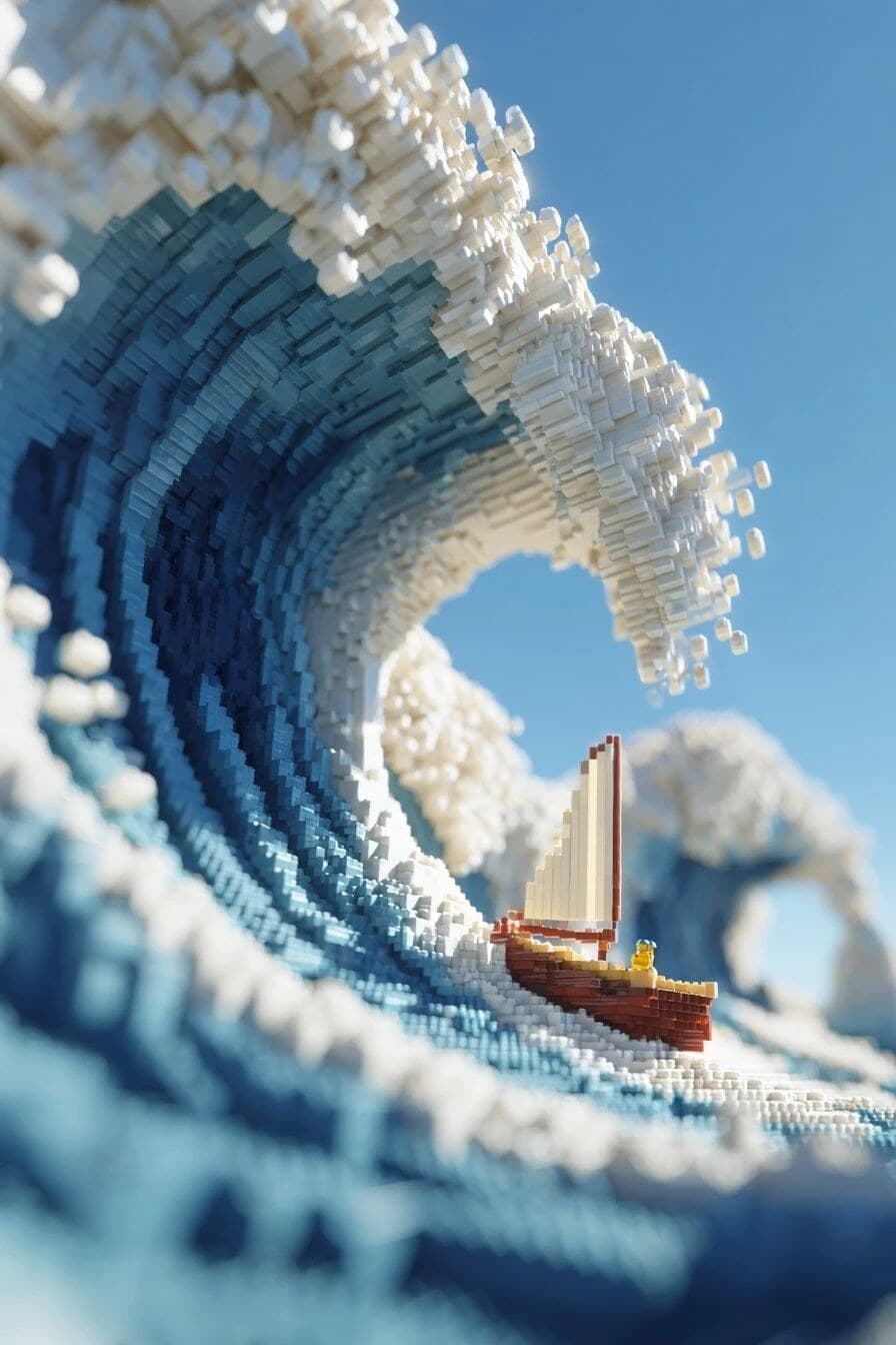 great wave,a sailboat on the wave, voxel,lego style,Building